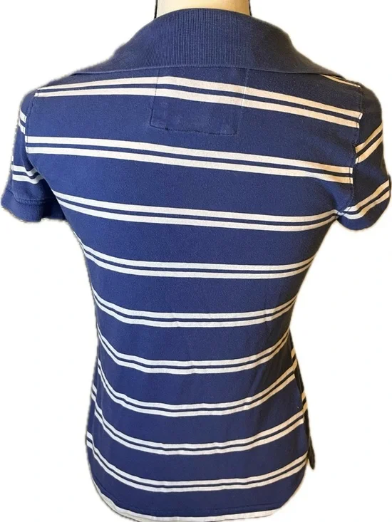 Vintage Abercrombie & Fitch Navy and White Striped Polo Tee - Short Sleeve - Picture 2 of 6